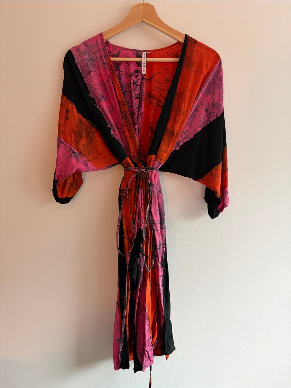 Colorblock Tie-Front Kimono Robe in Pink & Orange by Unknown Brand